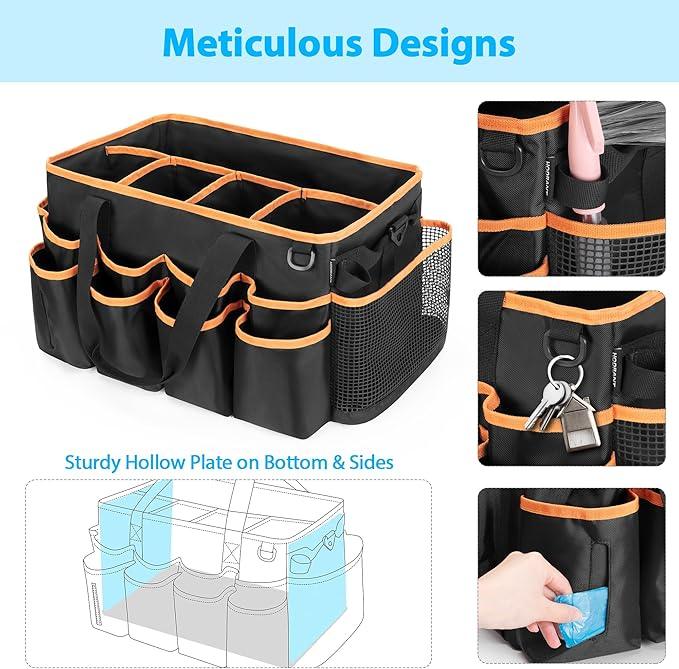 Extra-large Wearable Cleaning Caddy, Organizer Bag for Housekeeper with Pad, Handle & Divider, Car Wash Tools Bag for Detailing Supplies, Orange Edge - NeatNest