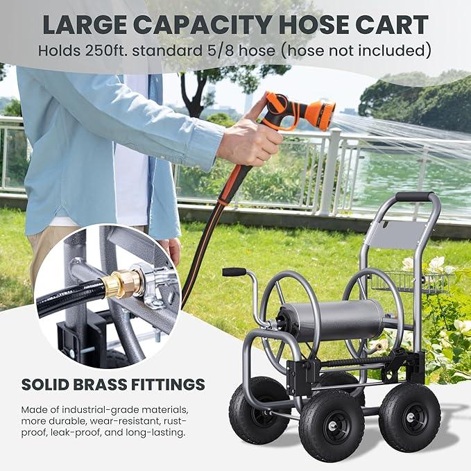 Giraffe Tools Heavy Duty Garden Hose Reel Cart with Wheels - Industrial Outdoor Hose Storage Reel, Pre-Installed Guide for 250-Feet of 5/8" Hose Capacity - NeatNest