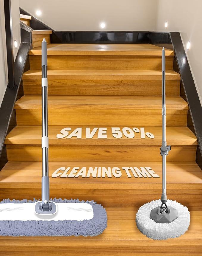 Flat Microfiber Mop and Bucket Set with Wringer, 360° Spin Mop for Floor & Wall Cleaning, 17.7x9in Wide Head, 4 Washable Pads, Hands-Free - NeatNest