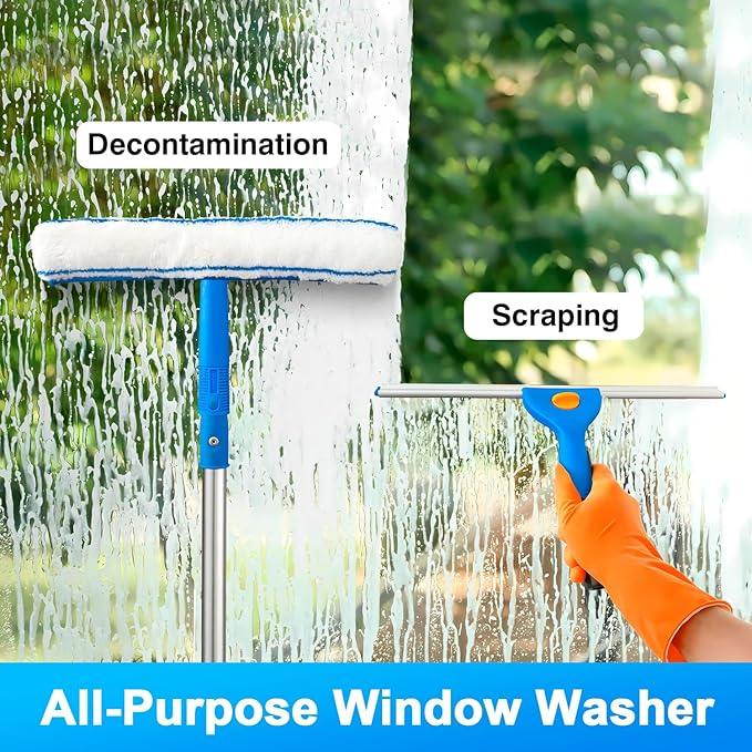 Squeegee for Window Cleaning, 14" Extra-Large Squeegee & Microfiber Scrubber Combi with 60" Stainless Steel Pole, Window Cleaning Kit for Shower Glass Mirror Door Car-2 Pads - NeatNest
