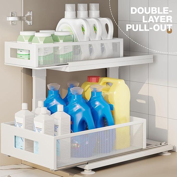 2 Pack Under Sink Organizer with Next-Gen Ball-Bearing Slides,2-Tier Pull Out Cabinet Storage,Height Adjustable Drawer Shelf for Bathroom,Kitchen,Laundry,Cabinet,Pantry(Patent Pending) - NeatNest