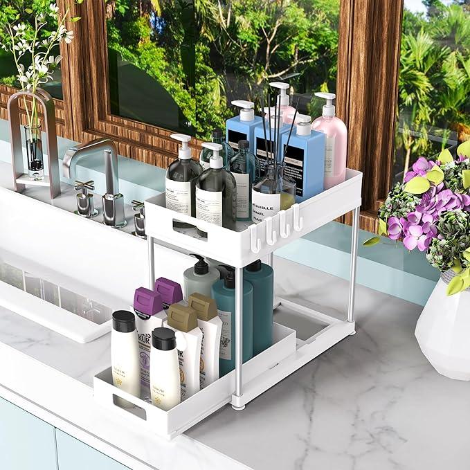 Under Sink Organizers and Storage, 2 Pack Large Capacity Heavy Load Double Pull-out Under Sink Shelves with Sliding Drawer for Kitchen and Bathroom, White - NeatNest