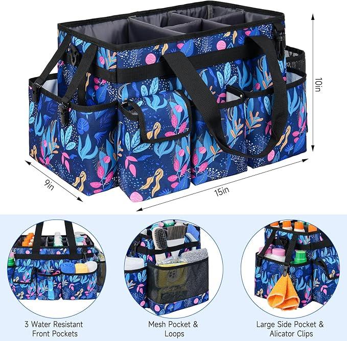 Cleaning Organizer, Large Caddy Bag for Supplies, Housekeeper's Bag with Handle (Blue Leaf) - NeatNest