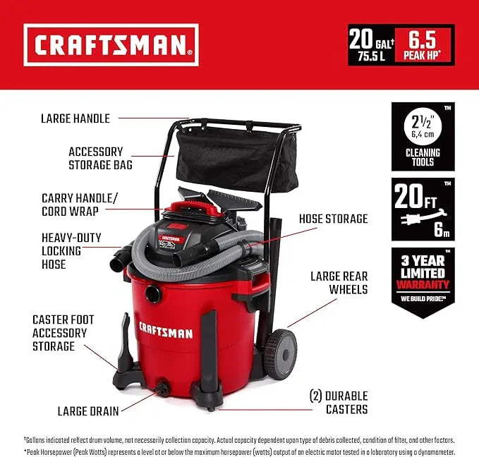 CRAFTSMAN CMXEVBE17656 20 Gallon 6.5 Peak HP Wet Dry Vac with Cart, Heavy-Duty Shop Vacuum Wet and Dry with Fine Dust Filter, Dust Bag, Hose and Attachments for Shop, Garage, Jobsite Cleaning - NeatNest