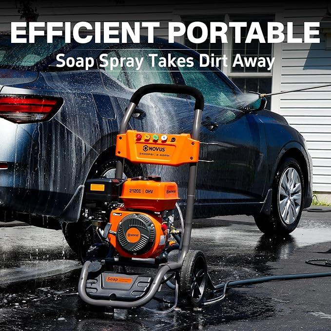 NOVUS Gas Pressure Washer 3400 PSI, 2.6 GPM Power Washer with 30FT Extra-Long Hose, 5 Nozzles, Onboard Soap Tank, 212CC Engine, Spray Gun and Wand, for Vehicles Driveways Patios Fences Furniture - NeatNest