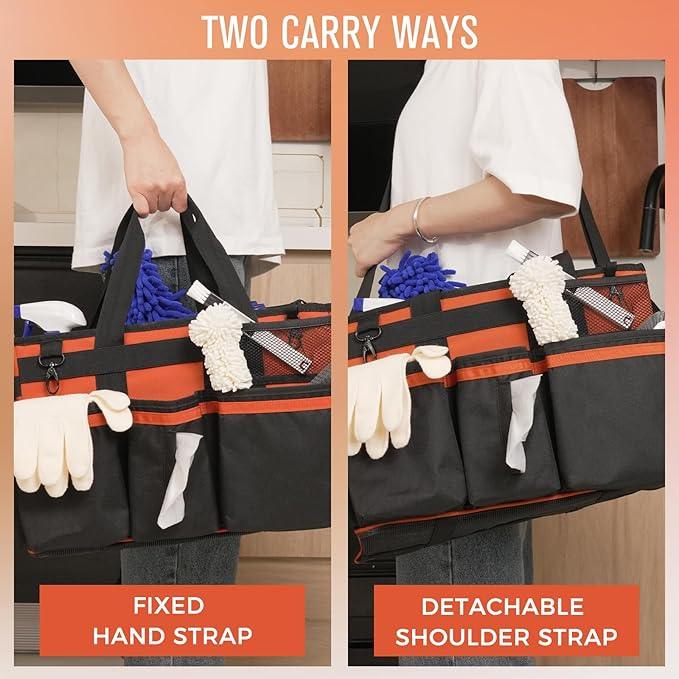 Wearable Cleaning Caddy, Cleaning Caddy Supplies Organizer with Handle & Shoulder Straps for Housekeepers, Under Sink & Car Cleaning Tool Organizers Bag with 4 Foldable Divider (RetroOrange) - NeatNest