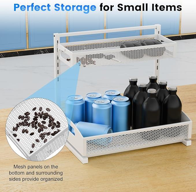Metal Under Sink Organizer, Pull Out Cabinet Organizer Rack with Silk-Smooth Bottom Drawer, 5-Level Adjustable, Multi-Purpose Storage Shelf for Bathroom, Kitchen, Vanity, Pantry (2-Pack) - NeatNest