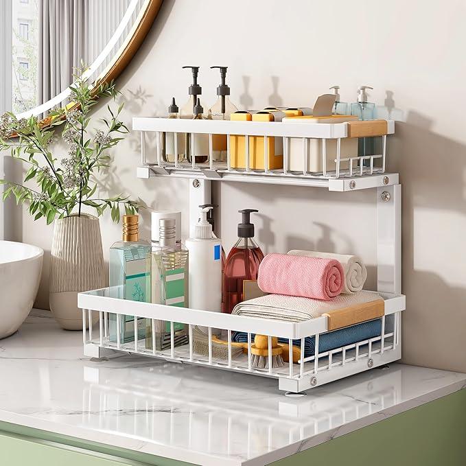 Pull out Cabinet Organizer, 1 Pack Under Sink Organizer, Slide out Metal Kitchen Cabinet Organizers Drawer Shelf, Sliding Storage Shelves for Kitchen Bathroom Pantry Closet Organization Rack(White) - NeatNest