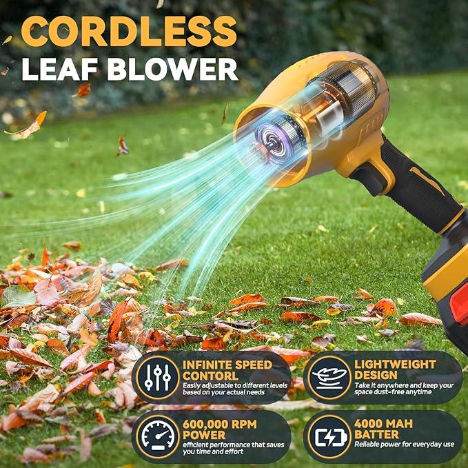 600000 RPM Lightweight Handheld Cordless Leaf Blower, Includes 2×4.0Ah Batteries, Charger, 3 Nozzles, Powerful Blowers Air Turbo Jet, with Earplugs, for Yard Cleaning, Lawn Care, Leaves & Dust - NeatNest