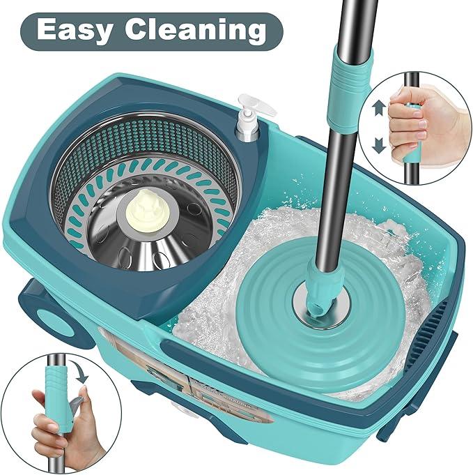 Spin Mop and Bucket System, Mop and Bucket with Wringer Set,Mops for Floor Cleaning,Household Supplies Tools with 6 Replacement Refills,61" Extended Handle for Household Hardwood Floor - Green - NeatNest