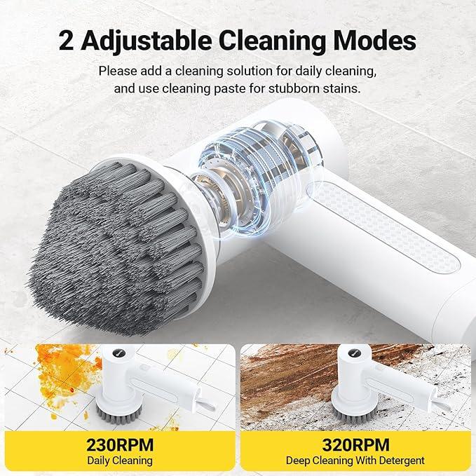 Electric Spin Scrubber, 3000 mAh Cordless Power With 8 Replaceable Heads, Dual Speed Lightweight Handheld for Cleaning Stove/Bowl/Sink/Corner/Tile/Grout (White) - NeatNest
