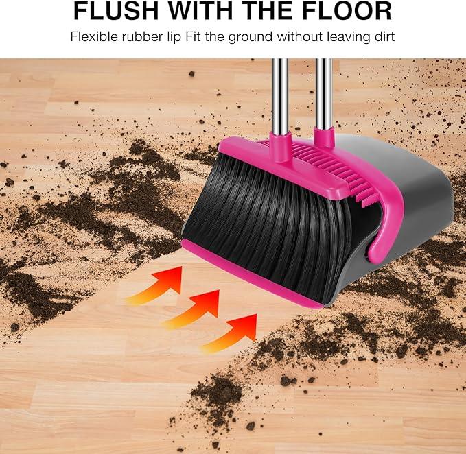 NACENA Broom and Dustpan Set, 52-in Long Adjustable Handle Broom Dustpan Combo with Dustpan Teeth to Automatically Clean Hair Suitable for Home Kitchen Office Hall Floor (Grey&Rose), 4 Pack - NeatNest