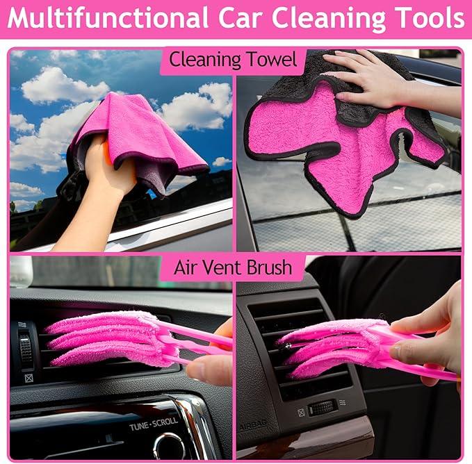 THINKWORK Pink Car Duster Interior Kit, Perfect Car Detailing Brush Kit for Cleaning Windows,Windshield,Dashboard and Air Vents Suitable for All Cars - NeatNest