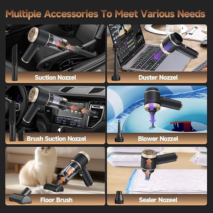 7 in 1 Car Vacuum Portable Cordless ,16000PA Strong Suction Handheld Car Cleaner With Dual HEPA Filters,LED Light,Type-C Charging Mini Vacuum, One-Click Empty Compact For Home Cleaning and Office - NeatNest