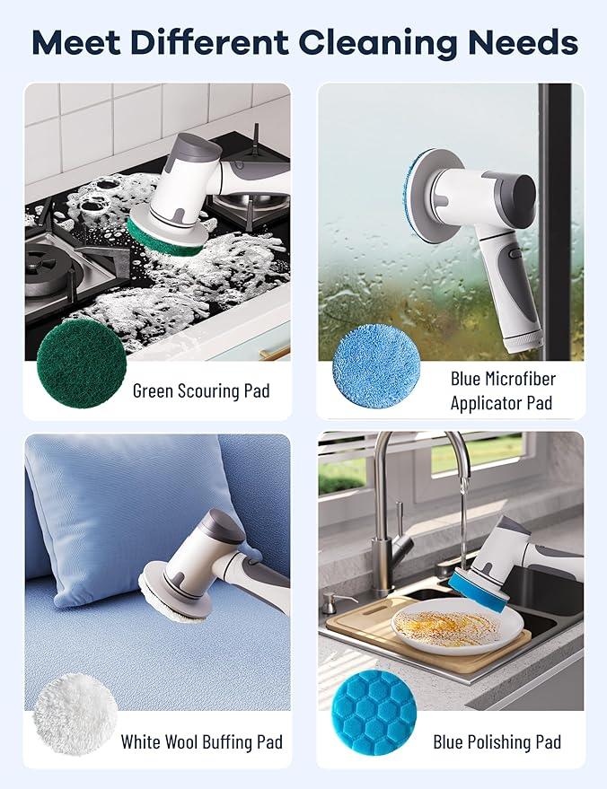 Electric Spin Scrubber,Power Scrubber Dual Speeds Cordless Shower Scrub Brush with Handle,Cleaning Brush with IPX7 Waterproof,8 Brush Heads for Kitchen,Tile,Tub (Short Purple) - NeatNest