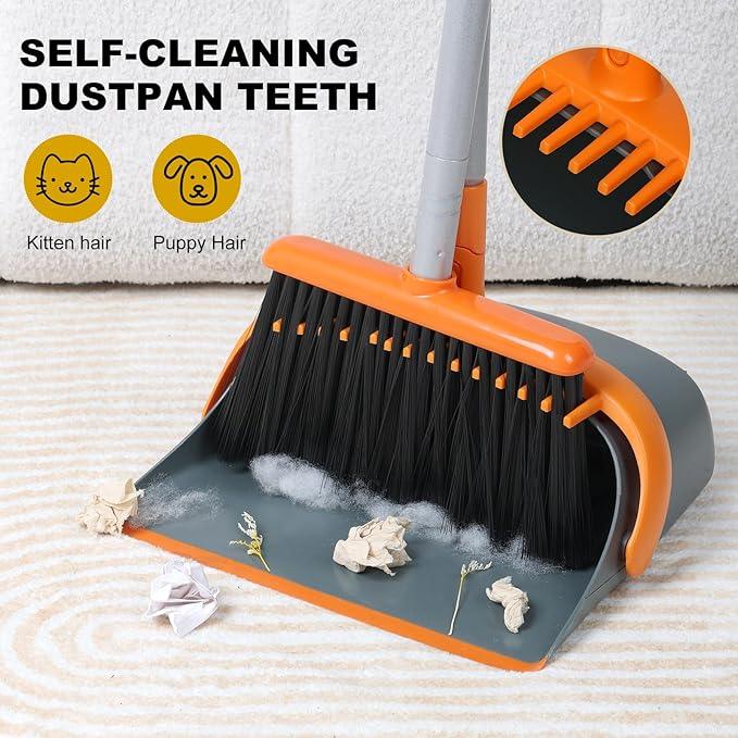Broom and Dustpan Set with 54 Inch Long Handle - Perfect Dust Pan and Brush Combo for Home Efficient Cleaning (Orange and Grey) - NeatNest