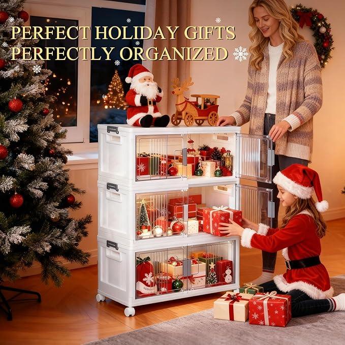 OlarHike 76QT Lockable Storage Bins with Lids - Folding Storage box with Doors and Wheels, Collapsible Plastic Bins for Closets, Stackable Organizer and Containers, Christmas Gifts, 3 Pack Cubes - NeatNest