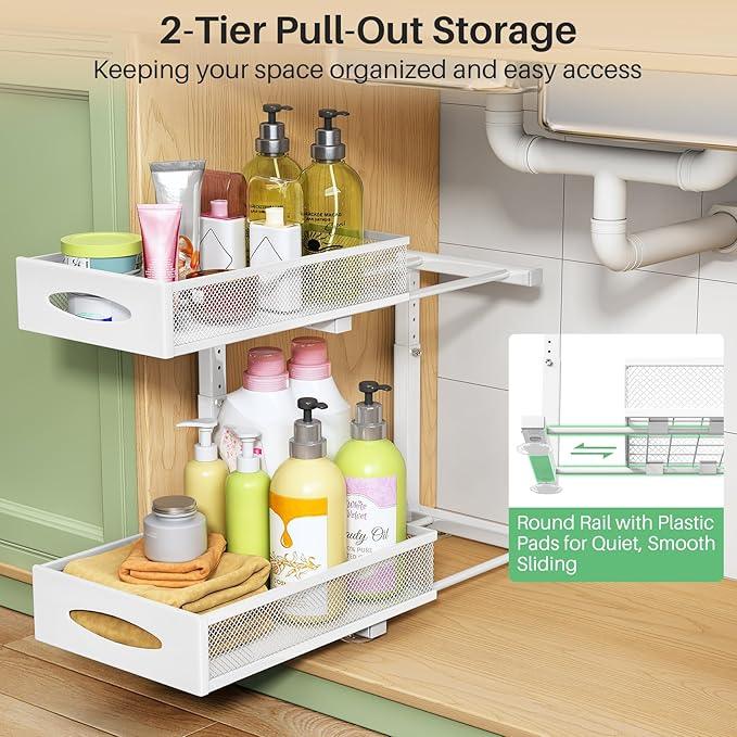 Under Sink Organizer, 2 Tier Pull out Cabinet Organizer Baskets with Mesh Sliding Drawers, Slide out Storage Shelf for Home, Kitchen, Bathroom, Pantry, Office Cabinet(1 Pack, White) - NeatNest