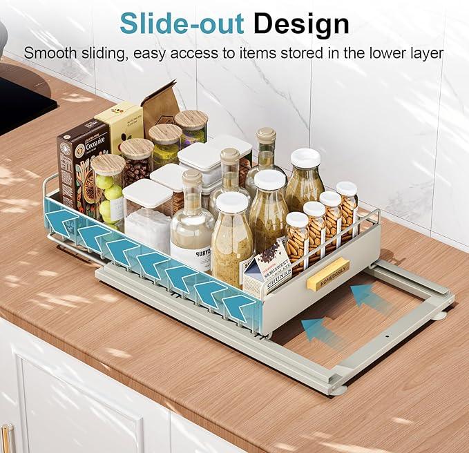 Under Sink Organizer, 2 Pack Pull Out Kitchen Cabinet Organizer, Mute Slide-Out Under Sink Organizers and Storage, Metal Kitchen Bathroom Organizers and Storage Shelves, Grey - NeatNest