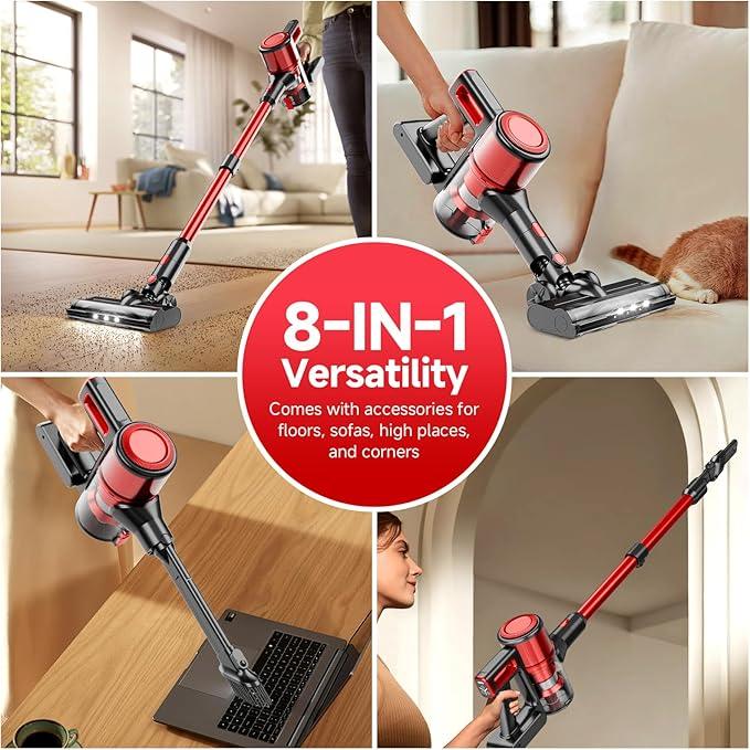 Cordless Vacuum Cleaner for Home - Lightweight, Stick Vacuum Clean with Rechargeable Battery, Max 45Mins Runtime, 8 in 1 Handheld Vacuum for Hardfloor & Carpets Pet Hair, Red&Black - NeatNest