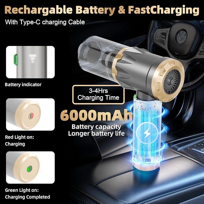 Car Vacuum Portable Cordless, 20000PA High Power Vacuum Cleaner, Brushless Motor, 3-Speed Modes, 4 in 1 Compressed Air Duster, Air Blower, Pump Handheld Vacuum for Car, Home, Office, Camping - Grey - NeatNest
