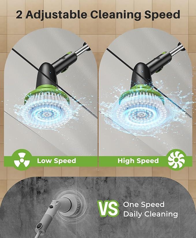 LyriFine Electric Spin Scrubber, 2024 New Full-Body IPX7 Waterproof Bathroom Cleaner Brush, Shower Scrubber with Long Handle & 2 Speed, Heads Replacement, Cleaning Supplies for Tub Shower Tile Floor - NeatNest