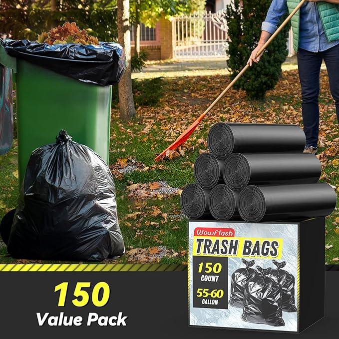 150 Count 55-60 Gallon Trash Bags, Sturdy & Tear-Resistant Commercial Can Liners 55 Gallon, Large Garbage Bags, Large Black Trash Bags for Commercial, Lawn and Leaf Bags - NeatNest