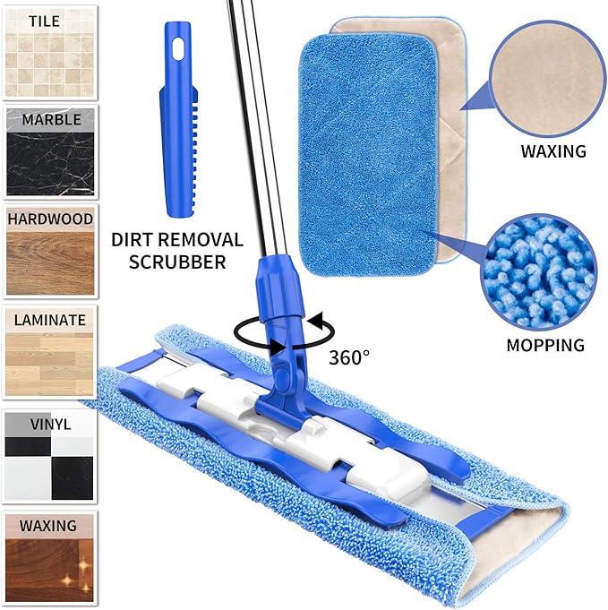 MR.SIGA Professional Microfiber Mop for Hardwood, Laminate, Tile Floor Cleaning, Stainless Steel Telescopic Handle - 3 Reusable Flat Mop Refills and 1 Dirt Removal Scrubber Included - NeatNest