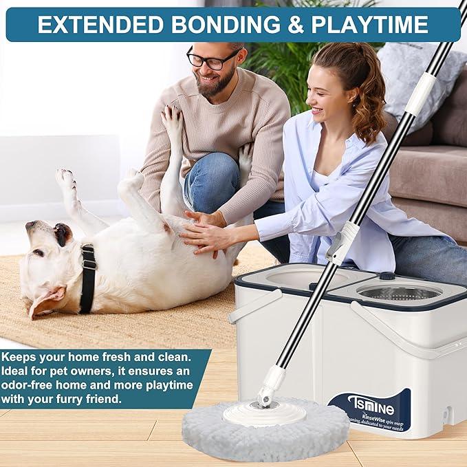 Gen 1 Large-Capacity Spin Mop and Bucket – for Big Homes & Deep Cleaning Days,4-Chamber System Separates Dirty & Clean Water, 2-GAL Heavy-Duty Design with Wheels & 8 Refill Mop Heads - White/Blue - NeatNest