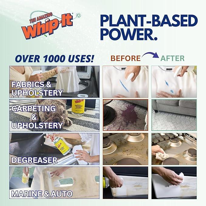 Whip-It Stain Remover and Concentrate Kit, 2-32oz Concentrates & 1-32 OZ Pro Spray Stain Remover, Makes 64 Bottles, Removes Coffee, Wine, Baby Stains, Pet Stains, Plant Based, Enzyme Cleaner, 500 Uses - NeatNest