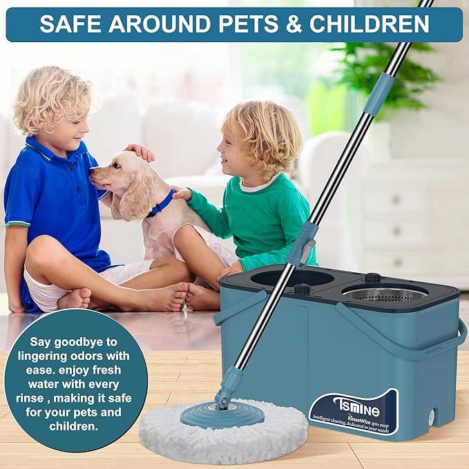 Gen 1 Large-Capacity Spin Mop and Bucket – for Big Homes & Deep Cleaning Days,4-Chamber System Separates Dirty & Clean Water, 2-GAL Heavy-Duty Design with Wheels & 8 Refill Mop Heads - Blue/Grey - NeatNest