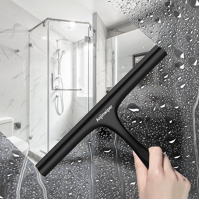 Shower Squeegee for Glass Doors with Adhesive Hook, Window Squeegee for Shower Glass, Cleaning Tile Wall, Bathroom Cleaner Tool Household Silicone Squeegee(10 inch-Black) - NeatNest
