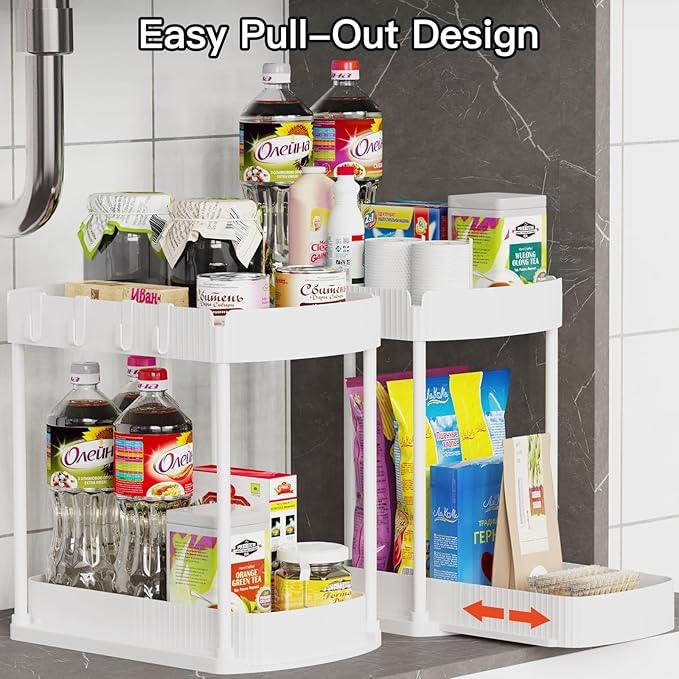 2 Pack Multi-Purpose Pull-Out Storage Organizers, Under Sink Organizers and Storage for Bathroom & Kitchen, Under Cabinet Organizers and storage, 14.8 Inch, White - NeatNest