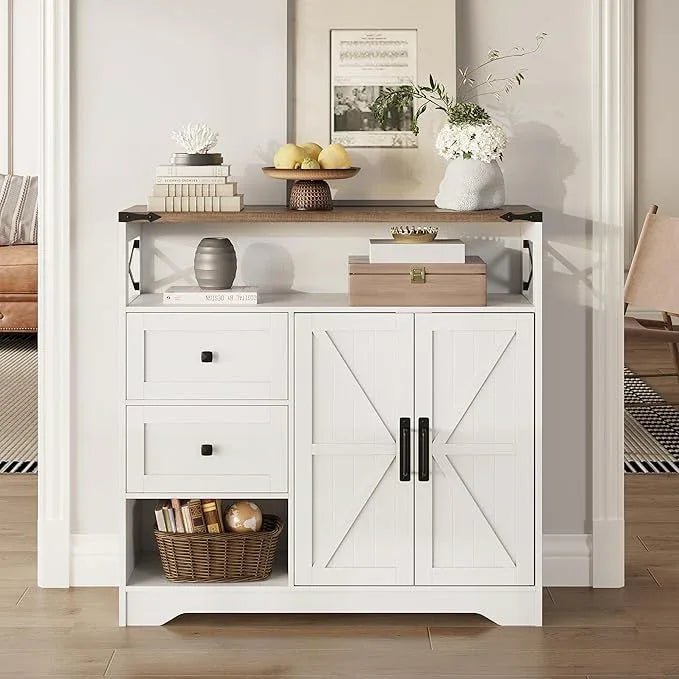 Fameill Farmhouse Storage Cabinet with Drawers and Open Storage,Freestanding Kitchen Pantry with 2 Barn Doors, Floor Cabinet with Adjustable Shelf for Living Room,White - NeatNest