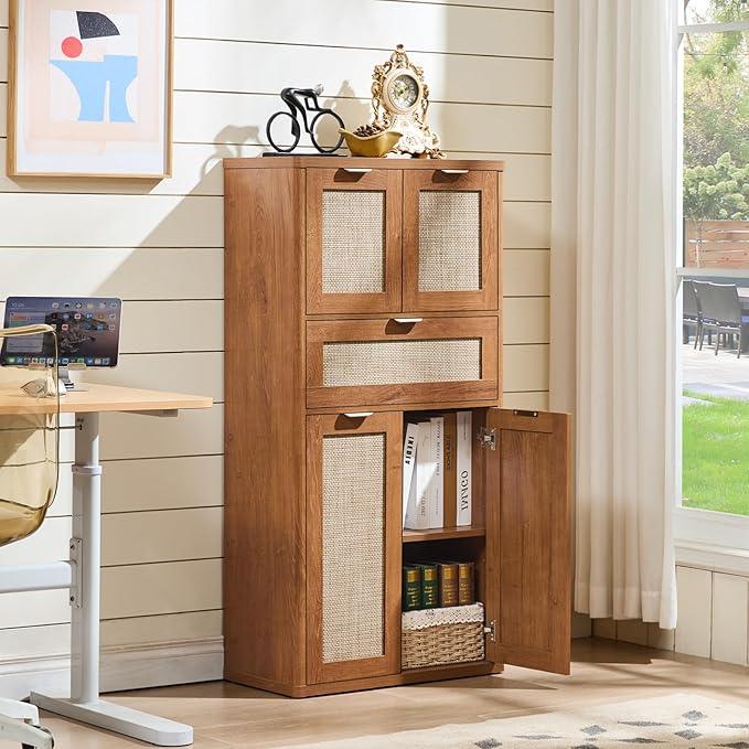 LEYAOYAO 48" Tall Storage Cabinet,Rattan Bathroom Floor Cabinets with 4 Doors & 1Drawer,Boho Kitchen Pantry with Adjustable Shelves,Wooden Cupboard for Living Room,Home Office,Dining,Brown - NeatNest