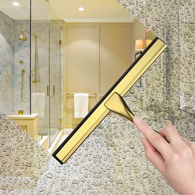 HIWARE All-Purpose Shower Squeegee for Shower Doors, Bathroom, Window and Car Glass - Brass, Stainless Steel, 10 Inches - NeatNest