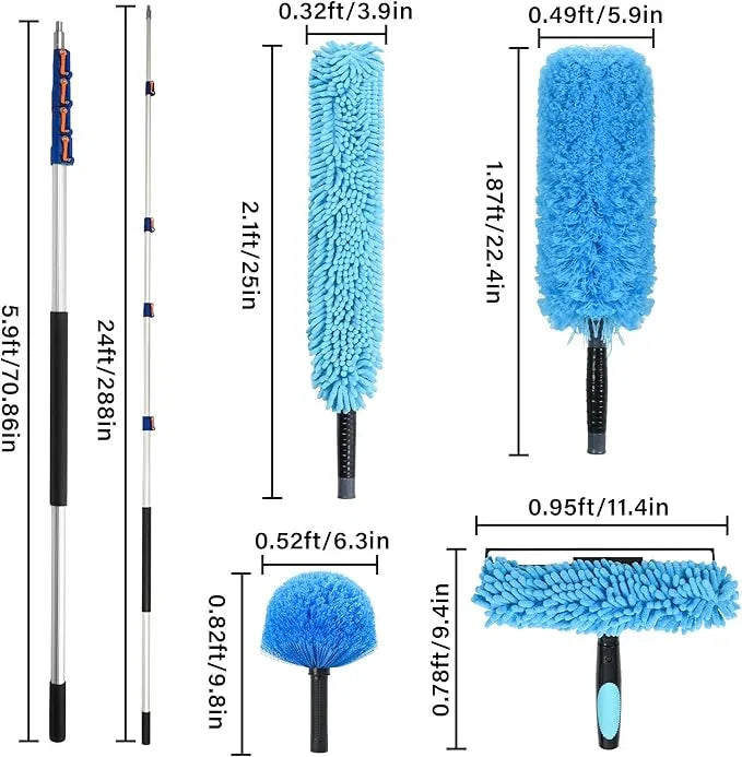 30 Foot High Reach Cleaning Kit with 6-24FT Telescoping Pole - High Ceiling Dusting and Window Cleaning Kit, Cobweb Duster, Window Washer & Squeegee, Fan Duster and Feather Duster - NeatNest
