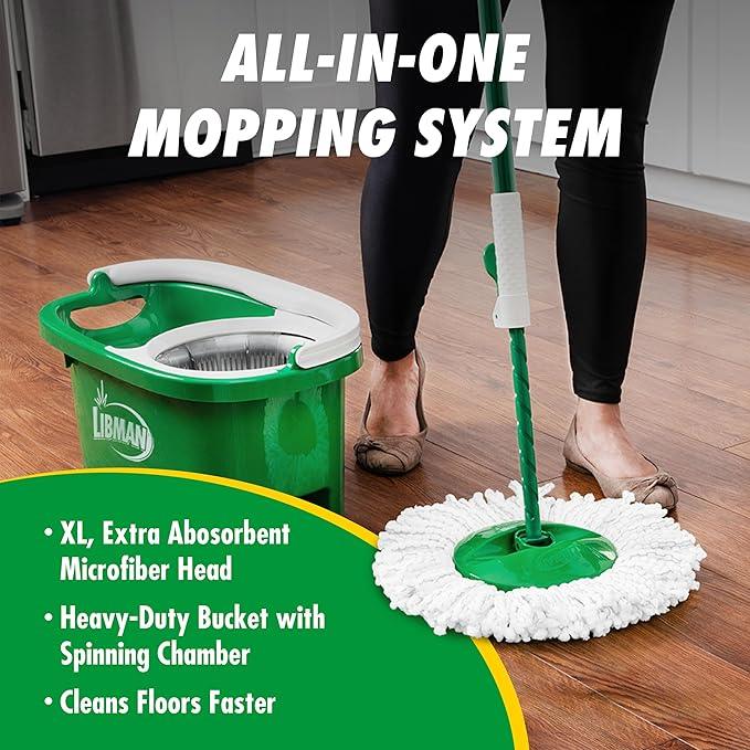 Libman Tornado Spin Mop System and 1 Refill, Mop and Bucket with Wringer Set for Hardwood Floor Cleaning, 2 Total Heads Included - NeatNest