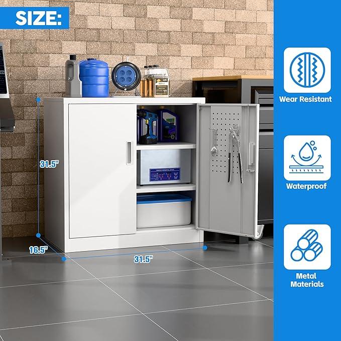 SUXXAN Metal Storage Cabinet with Pegboard 31.5'' x 31.5'' x 16.5'',Lockable Rolling Steel Storage Cabinet with 5 Adjustable Shelves and Door for Garage, Office, Kitchen, Assembly Required(White) - NeatNest