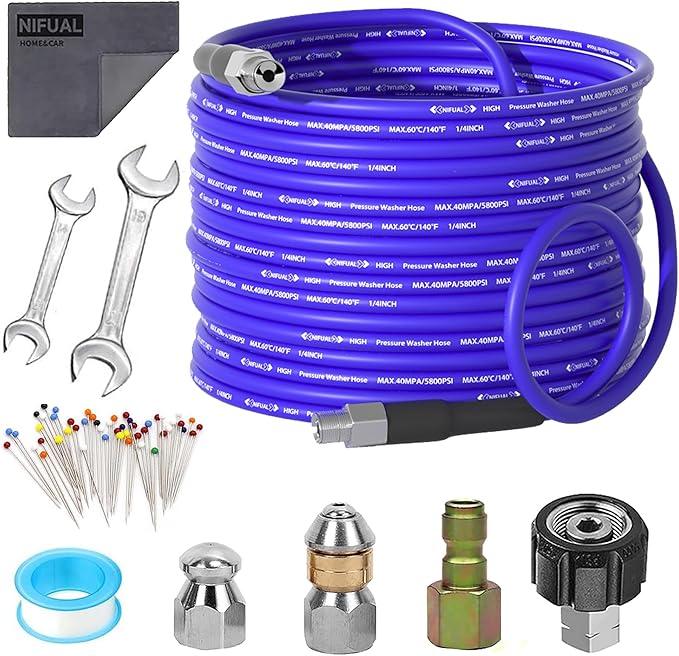 NIFUAL 25FT Sewer Jetter Kit for Pressure Washer, 5800PSI Drain Cleaner Hose 1/4 Inch NPT Corner, Rotating and Button Hose Sewer Jetting Nozzle Waterproof Tape Pearl Corsage Pin Spanner Glove - NeatNest