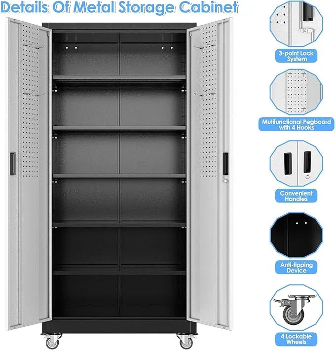SUXXAN Garage Storage Cabinet with Pegboard and 5 Adjustable Shelves, 71'' x 34'' x 18''Metal Lockable Cabinet with Magnetic Doors,Tool Storage,Home Office Garage,Gym,School (Black-Silver) - NeatNest