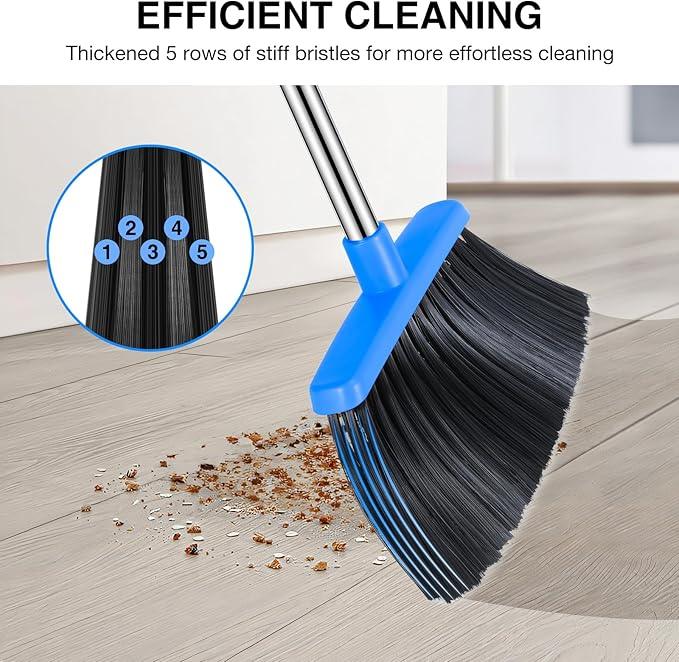 NACENA Broom and Dustpan Set, 52-in Long Adjustable Handle Broom Dustpan Combo with Dustpan Teeth to Automatically Clean Hair Suitable for Home Kitchen Office Hall Floor（Black&Blue） - NeatNest