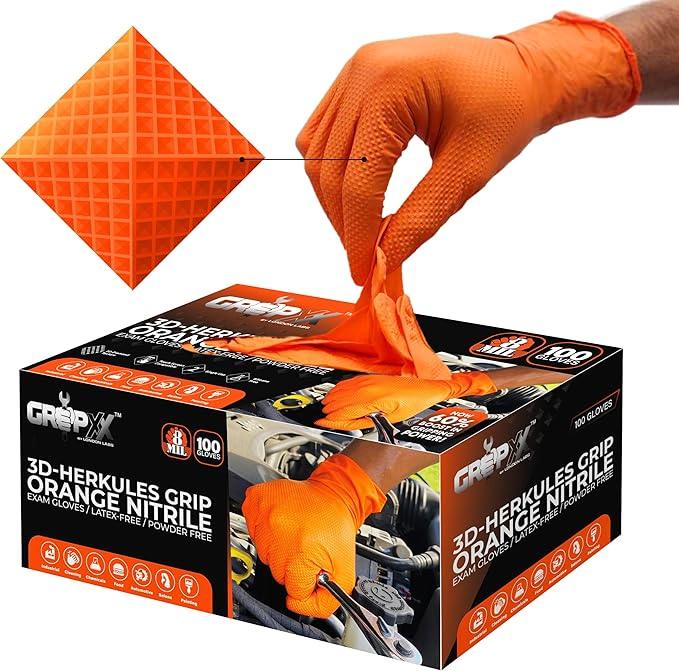 Herkules Grip Heavy Duty 8Mil Orange Nitrile Gloves,3D Raised Diamond Texture-Latex & Powder Free-Industrial, Mechanic (1, Small) - NeatNest