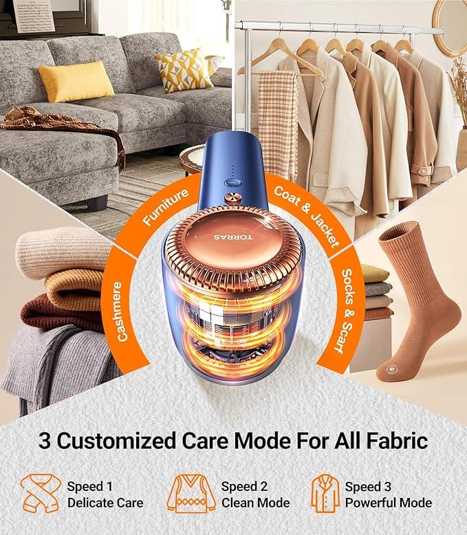 TORRAS Fabric Shaver Lint Remover, Rechargeable Electric 3-Speed Sweater Shaver Remove Fuzz, Pilling for Cashmere, Wool, Coat, Furniture, Clothes depiller with Replacement Blades, Blue - NeatNest