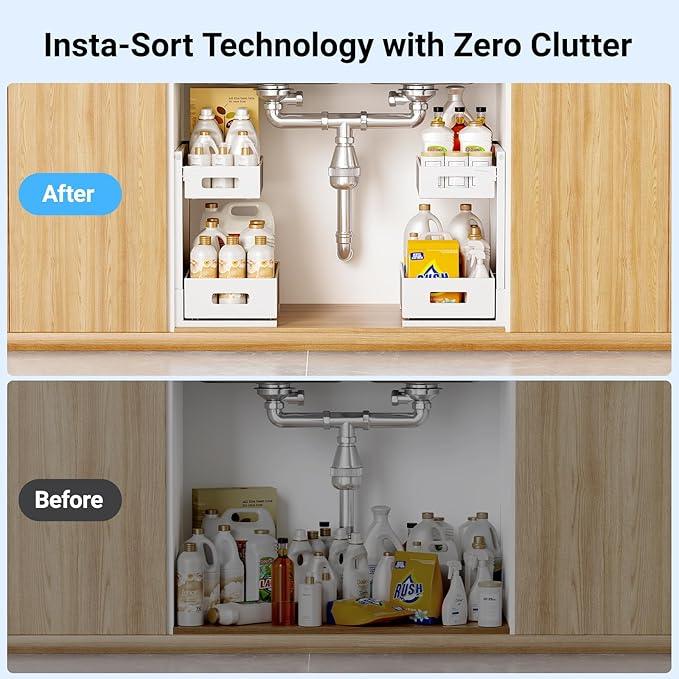 Pull-out Under Kitchen Sink Organizer, Metal Functional Under Sink Organizer, Height Adjustable Under Bathroom Sink Organizer, Under Sink Storage for Kitchen Bathroom Cabinet (White) - NeatNest