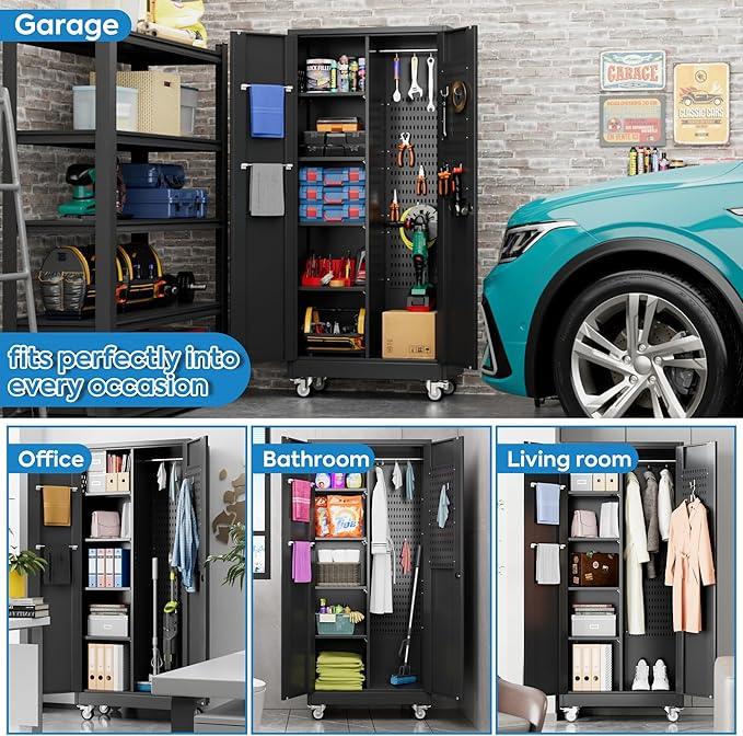 SUXXAN Broom Closet Storage Cabinet with Wheels 71.4"x 31.5"x15.7", Metal Cleaning Cabinets with Hooks and Hanging Rods, Lockable Cabinet with Pegboard, Adjustable Shelf,for Garage, Laundry Room - NeatNest