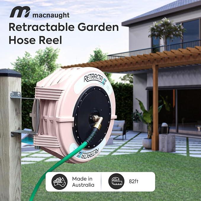 Macnaught Retractable Garden Hose Reel, 82 Ft Water Hose Reel Heavy Duty Retractable Hose with Metal 180° Swivel Rotation Bracket for Wall Mount - Beige - NeatNest