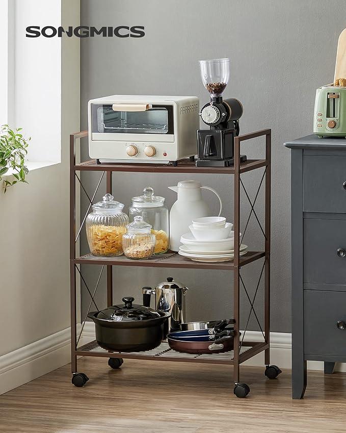 SONGMICS 3-Tier Metal Storage Rack with Wheels, Mesh Shelving Unit with X Side Frames, 23.6-Inch Width, for Entryway, Kitchen, Living Room, Bathroom, Industrial Style, Metallic Bronze UBSC163A01 - NeatNest