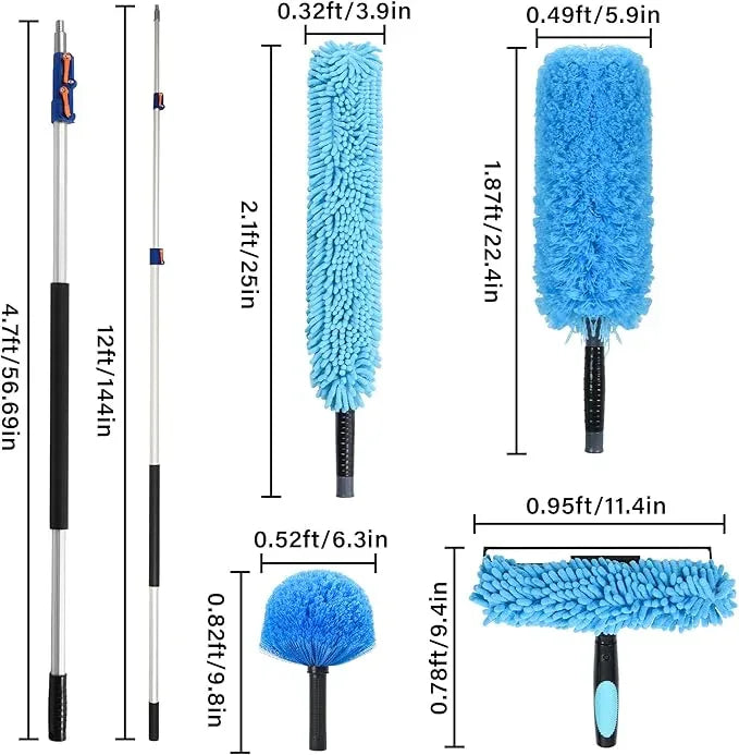 High Reach Cleaning Kit with 12FT Telescoping Pole - Ceiling Fan & Microfiber Feather Dusters, Cobweb Brush, Window Squeegee & Washer - NeatNest