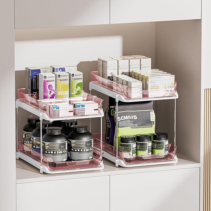 Delamu 2-Tier Multi-Purpose Bathroom Under Sink Organizers and Storage, Stackable Kitchen Pantry Organization, Pull Out Medicine Cabinet Organizer with Movable Dividers, Light Pink, 2 Pack - NeatNest